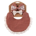 Detailed set of brown muslin baby bib and lace headband on display packaging card - Coffee