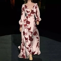 Elegant deep V-neck maxi dress with red floral print and silky long lantern sleeves - S / Red & White