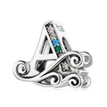 925 sterling silver alphabet A charm with colorful cubic zirconia and floral carvings - Multicolor Zirconia A