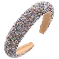Close-up of thick sponge headband with colorful rhinestones, pearls and suede lining - Colorful