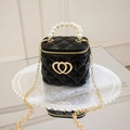 Black quilted cylinder bucket bag with gold heart logo, pearl handle and chain strap - Black