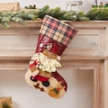 Christmas stocking with Santa Claus and Reindeer 3D dolls hanging on fireplace mantle - Large Plaid Santa Sock