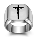 Mens silver stainless steel signet ring featuring a black laser engraved Jesus cross icon - US 5 / Steel
