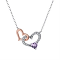 Interlocking double heart necklace with rose gold finish and purple heart zircon stone - Amethyst White Gold Plated, Approx. 1.78g