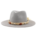 Fashionable dark grey straw sun hat with bohemian shell band and tassels for beach vacation - M (56-58cm) / Gray