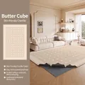 Washable beige chenille rug with white grid pattern and non-slip backing for living room - Removable And Washable Chenille Butter Squares