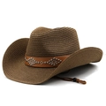 Classic coffee-colored straw cowboy hat with leather rivet band and adjustable chin strap - M (56-58cm) / Coffee