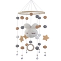 White plush bunny and felt stars baby mobile with wooden ring and small bells - New White Rabbit (Felt Star)