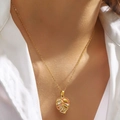 Golden monstera leaf pendant necklace with colorful enamel and zircon stones - Monstera Leaf (DJN015GL-P)