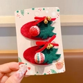 Christmas hair clips set with green fabric trees red felt base and small golden bells - Christmas Tree Green 266 / 2 Pcs/Set