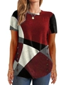 Damen Kurzarm T-Shirt mit geometrischem Farbmuster und seitlichen Zierknöpfen am Saum - S / Rot