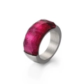 Titanium steel ring featuring a wide brushed metal band and magenta faceted stone - US 7