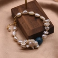 Baroque natural pearl bracelet with golden beads and a dark blue stone accent - Rhinestone Embellishment (Blue) / Blue Crystal Freshwater Pearl Bracelet