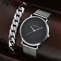Montre à quartz Geneva pour homme avec bracelet en maille argentée et gourmette assortie - Ensemble Argent Noir