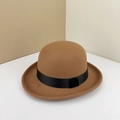 Classic brown wool felt bowler hat featuring a black grosgrain ribbon and rounded crown - Adjustable M (56-58cm) / Light Coffee