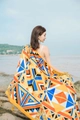 Ethnic tribal geometric print beach shawl in vibrant orange and blue with tassel edge - Orange Blue Tribal Geometric Tassel Style / Bright Pink / 180cm