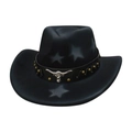 Western black felt cowboy hat featuring silver bull head buckle and star pattern print - Black with Grey Stars