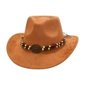 Classic camel faux suede western cowboy hat with beaded band and vintage metal emblem - Camel (Round Bead Decor)