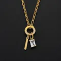 14K gold plated stainless steel necklace featuring a crystal pendant and a metal bar - Letter L