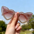 Heart-shaped party sunglasses with pink gradient lenses and rhinestone-encrusted frame - Peach
