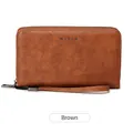 Brown oil wax leather RFID long wallet with wristlet strap and pebble texture finish - Brown