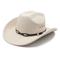 Close-up of wide brim wool fedora hat with black leather band and silver metal studs - M (56-58cm) / Beige
