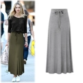 Falda midi de punto con cintura alta, cordón ajustable y abertura lateral - M / Gris
