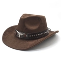 Klassischer dunkelbrauner Wildleder Cowboyhut mit silbernem Stierschädel und Lederband - M (56-58cm) / Braunes Wildlederimitat