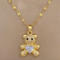 Close-up of gold teddy bear pendant with micro-pave crystals and heart-shaped center stone - Teddy Bear Heart Necklace (D227)
