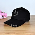 Close-up of black punk baseball cap with metal rings and star pendant on a wooden surface - Adult Adjustable 55-59cm / Star (Black)