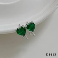 Green heart zircon earrings with silver dripping metal effect, variant D1413 - Silver Earrings + Green Zircon (D1413)