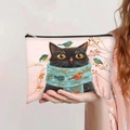Gros plan sur la trousse en toile chat noir avec yeux jaunes rétro et motif écharpe - Chat Noir aux Grands Yeux Jaunes avec Écharpe Bleue (jiaying0029)