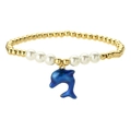 Fashion pearl bracelet with gold beads and blue dolphin charm in ocean beach style - Blue