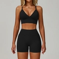 Conjunto de yoga sin costuras de talle alto con sujetador deportivo en V y short negro - S / Sujetador+Pantalón Corto-Negro Premium