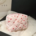 Quilted cotton pink makeup bag with red heart patterns and a cute bow tie detail - Pink Heart