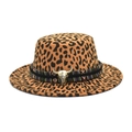 Detail of leopard print flat top hat with ethnic ribbon and vintage bull skull pendant - M (56-58cm) / Camel