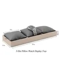 Three-slot gray watch pillow display tray with beige leather base and dimensions - 3-Slot Watch Pillow Tray