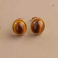 French vintage tiger eye stone stud earrings with golden beaded border for women - Tiger Eye Rope Edge Stud Earrings