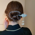 Blue butterfly hair stick with gold auspicious clouds and white pearl tassels - Hairpin #137 - Gold - Blue