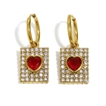 Gold plated rectangular drop earrings with full crystal pave and a central red heart - Rhinestone Square Plate Red Heart Earrings - Gold