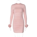 Detail view of pink bodycon dress featuring elegant side ruching and floral sleeve accents - S / Pink