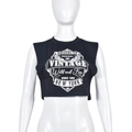 Close-up of black sleeveless crop top featuring vintage Brooklyn print and cutout shoulders - XL / Black