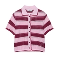 Dettaglio della polo in maglia traforata a righe rosa e bordeaux con trama di alta qualità - S / Top a Righe Rosse