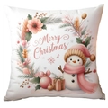 Pink snowman Christmas pillow cover with floral prints and Merry Christmas text - Pink Snowman Merry Christmas (TQDS88-14)