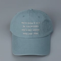 Detail of blue cotton baseball cap featuring white embroidered lyrics and reinforced brim - L (58-61cm) / Vintage Blue
