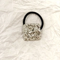 Black elastic hair tie with a square silver hammered metal piece on white paper - Silver Square Lava 3.5cm