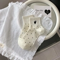 Beige crew socks with black polka dots and embroidered heart detail for women - White Polka Dot Heart Embroidery