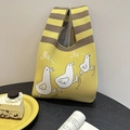 Knit tote bag in bright yellow with cartoon duck patterns and striped handles - Beige Chick