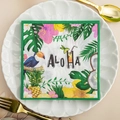 Tropical Aloha printed paper napkin with hibiscus and pineapple on a white plate - Hawaii Aloha Tropical (1003)
