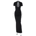 Detail showing waist ruching and front cutout on a black short sleeve maxi dress - S / Black